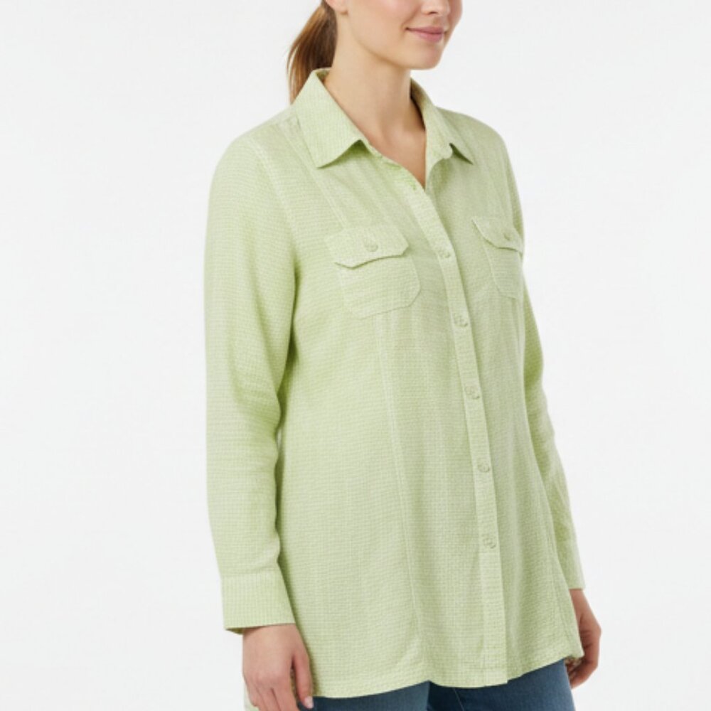 Chico's Green Gingham 100% Linen Long Sleeve Button Down size Large 2